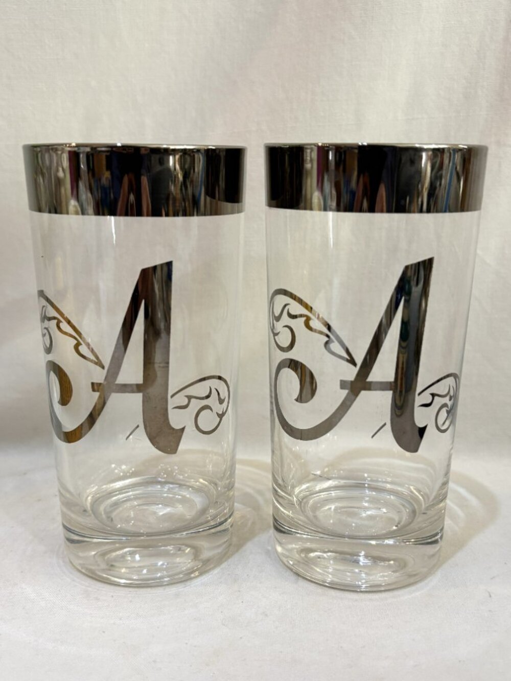 Pair VTG MCM Queens Lusterware Silver Rim Highball Barware Glasses Monogram A